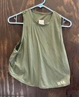 SoulCycle Lululemon Olive Green Mesh Muscle Tank Top Crossover Back SOUL Logo Photo 0