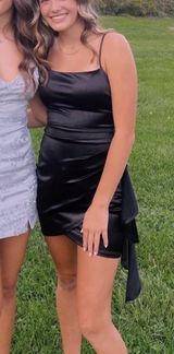 Black Satin Ruched Bodycon Homecoming Mini Dress with Side Ruffle Detail Photo 0