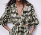 Zara Womens XS Gingham Top Cropped Plaid Flannel Black White Puff Sleeve Photo 0