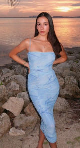 Good American Midi Blue Dress Ruched Mesh Tank Cocktail Size 1 US‎ Small Photo 0