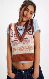 Free People Notes Of Rose Sweater Vest Neutral Combo Small NWT Bohemian Preppy Photo 0