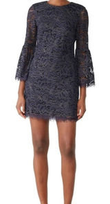 Dress The Population‎ Navy Gold Metallic Lace Bell Sleeve Mini Dress Size L Photo 0