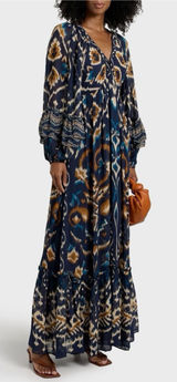 FARM Rio Pineapple Blue Ikat Maxi Dress Boho Long Sleeve Altered Length Small Photo 0