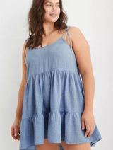 Aerie Magic Hour Blue Gauze Tiered Mini‎ Dress Boho Tie Strap Beach Size M Photo 0