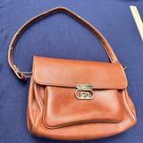 Vintage 70s Cognac Brown Leather Shoulder Bag with Gold Turn Lock Photo 0