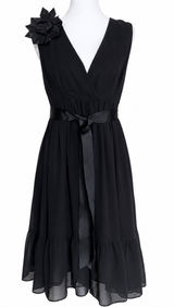 Wendy Katlen Black Chiffon V-Neck Cocktail Dress Size 4 Rosette Ruffle Hem LBD Photo 0
