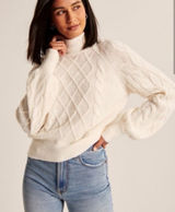 🤍 Abercrombie &‎ Fitch Cable Knit Turtleneck Sweater White Ivory Small 🤍 Photo 0