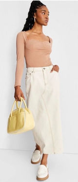 Future Collective Cream Denim Maxi Skirt High Rise Raw Hem‎ Off White Size 10 Photo 0