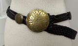 Braided Brass Medallion Belt XL Brown Boho Western Festival Faux Leather VTG Photo 0