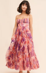 Hutch Floral Pleated Tulle Sweetheart Maxi Dress in Pink and Purple Photo 0