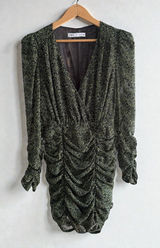Zara Green Black Speckled Ruched V-Neck Mini Dress Long Sleeve XS Photo 0