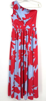 One Shoulder Maxi Dress SM Red Blue Floral Swing Pleated Vacation Resort Summer Photo 0