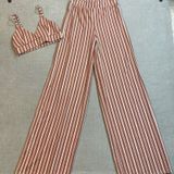 Boohoo 2 Piece Set Women US 4 Brown White Striped Crop Top Wide Leg Pants Boho Photo 0