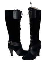Cole Haan Vtg Y2K Black‎ Suede Faux Leather Strap Zip Tall Boot Heel Womens 6 Photo 0
