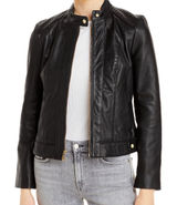 Cole Haan Signature Faux Leather Quilted Biker Jacket Black‎ Gold Size Medium Photo 0