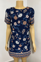 Lulus Navy Blue Floral Shift Mini Dress Short Sleeve Crew Neck M Made in USA Photo 0
