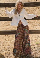 Free People Bohemian Brooks Embroidered Plaid Wide Leg Patchwork Pants Size XL Photo 0