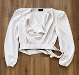 Milk & Honey Ivory Wrap Crop Blouse Puff Sleeve Size S Feminine Tie Waist Photo 0