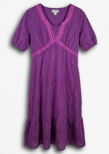 Ulla Popken Purple Eyelet Cotton Midi Dress‎ Lace Trim A-Line 82212 Womens M Photo 0