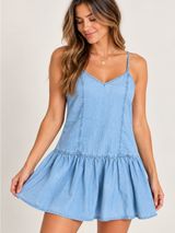 American Eagle Outfitters Light Blue Chambray Ruffle-Hem Mini Dress Photo 0