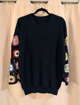 SHEIN Black Crewneck Sweater with Multicolor Crochet Flower Sleeves Photo 0