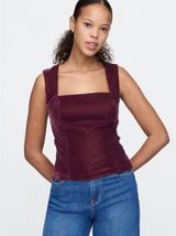 Gap velvet Tank top large Burgundy square neck, smocked sides holiday party NWT Photo 0