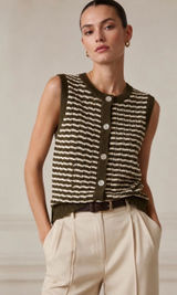 Striped Knit Button Front Sleeveless Sweater Vest - Olive & Cream Photo 0