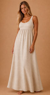 Zara Oatmeal Flowy Linen Lyocell Maxi Dress Smocked Back Sleeveless Boho Coastal Photo 0
