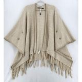 Kensie One Size Cream Knit Poncho Cardigan Fringe Cape Boho Coastal Grandmother Photo 0