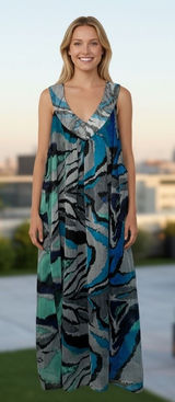 PSD Plus Size‎ Blue Abstract Print Maxi Dress Sleeveless V Neck Casual Photo 0