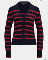 Lauren Ralph Lauren Women Striped Cotton Cardigan Sweater Navy/Red Size Large Photo 0