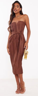 New PrettyLittleThing Chocolate Brown Plisse V Bar Tie Waist Midi Dress Size 4 Photo 0
