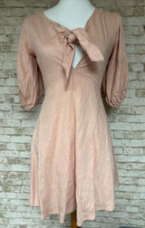 In The Beginning Size S Dress Blush Pink 3/4 Puff Sleeves‎ Tie Front Linen Short Photo 0