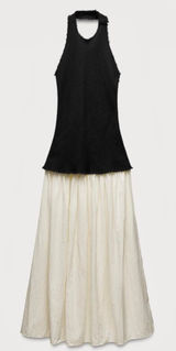 Zara NWT black tweed halter neck midi maxi dress contrast cream skirt drop waist Photo 0