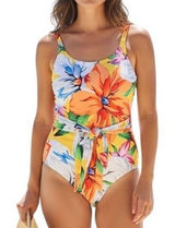 Palms Away Floral One Piece‎ Swimsuit Womens XS Yellow Tropical Tie Front NEW Photo 0