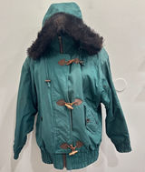 Y2K 90s London Fog Green Thinsulate Bomber Jacket Faux Fur Hood Toggle Womens M Photo 0