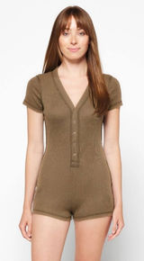 Free People Early Night Waffle Knit Romper Army‎ Green XS Coastal Beach Boho Photo 0