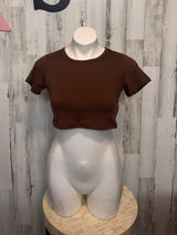 Brown Cropped Short Sleeve Tee Womens Size XS Crew Neck Basic T-Shirt Layering Photo 0