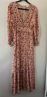 Orange Floral Long Sleeve Maxi Dress Large Cottagecore Prairie Romantic Photo 0