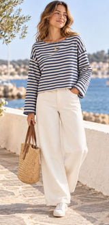 Aerie Women Blue Cream Striped Long Sleeve Boxy Boat Neck Top Size M Photo 0