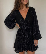Eliza J Black Sequin Long‎ Sleeve Mini Wrap Dress Size 4 Glam Party Holiday Photo 0