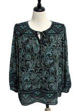Kim Gravel Belle Black Green Paisley Sheer Sleeve Overlay Split V Neck Tie Top M Photo 0