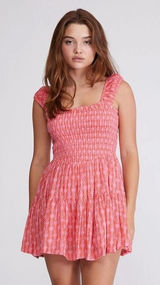 Free People Sweet Annie Smocked Mini Dress Pink Red Geometric Tiered‎ Ruffle Med Photo 0
