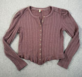 Pilcro Anthropologie Mauve Puff Sleeve Cardigan Women's Large Ribbed Stretch Photo 0