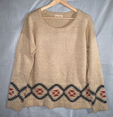 Hem & Thread Sweater Womens Large‎ Tan Red Aztec Boho Southwest Knit Wool Blend Photo 0