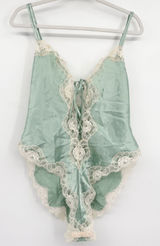 NWT Delicates Womens Sage Lace Trim Fairycore Vintage Satin Teddy Bodysuit Large Photo 0