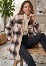 Melloday Pink Brown Plaid Long Line Button Front Shacket Size XL Photo 0
