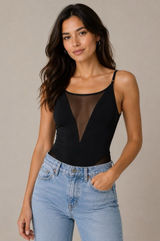 Les Coquines Black Mesh Bodysuit Womens Small Sheer Deep V Sleeveless Photo 0