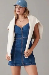 American Eagle Denim Stretch Mini Dress Zip Front Womens M Preppy Western Casual Photo 0