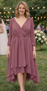 Midi Dress 2X 2XL Mauve Pink V Neck Chiffon Bodice Wedding Cocktail Asymmetrical Photo 0